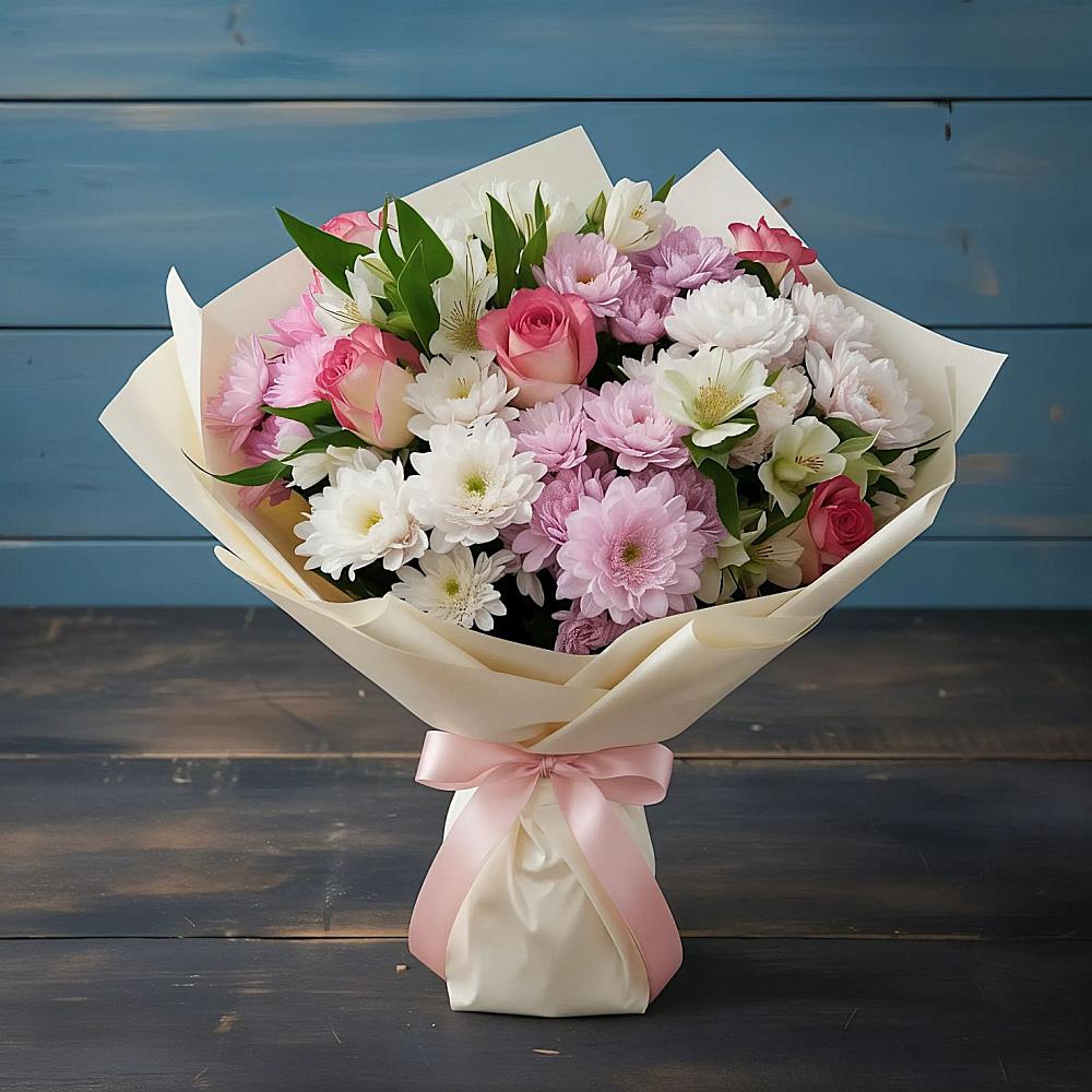 Букет цветов из: Хризантемы, Альстромерии и Розы в Северск